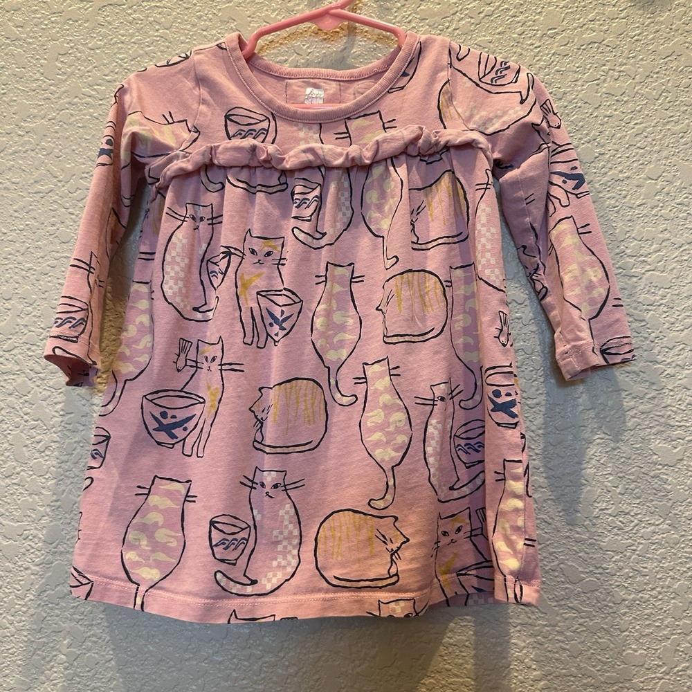 Tea Collection Long Sleeve Cat Dress Wrap Neck Dress Sz 12-18 Months Girls Top